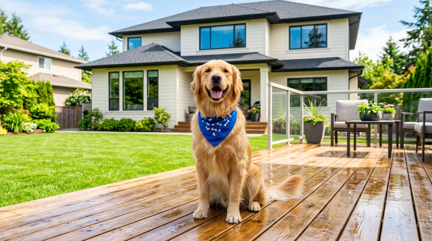 Cute Golden Retriever dog sitting on a sparkling clean wood deck