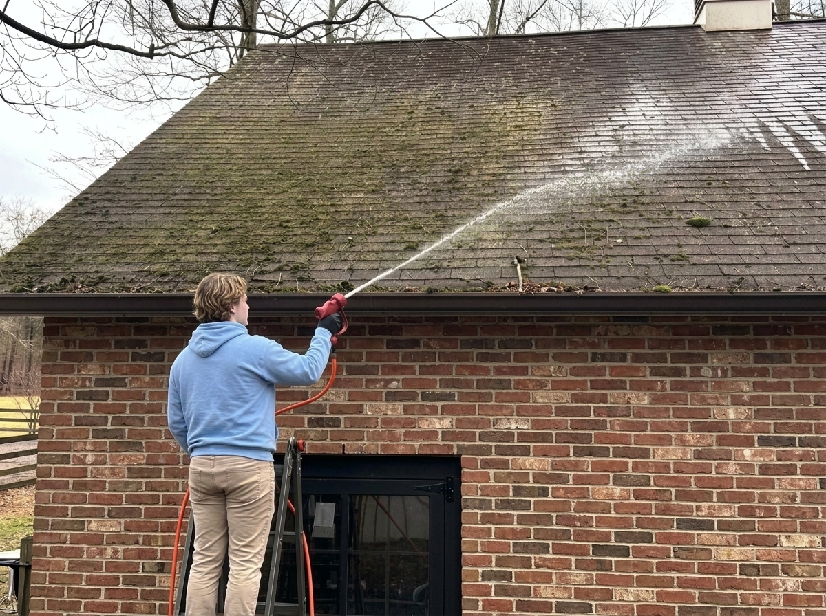 Professional roof soft washing treatment in progress